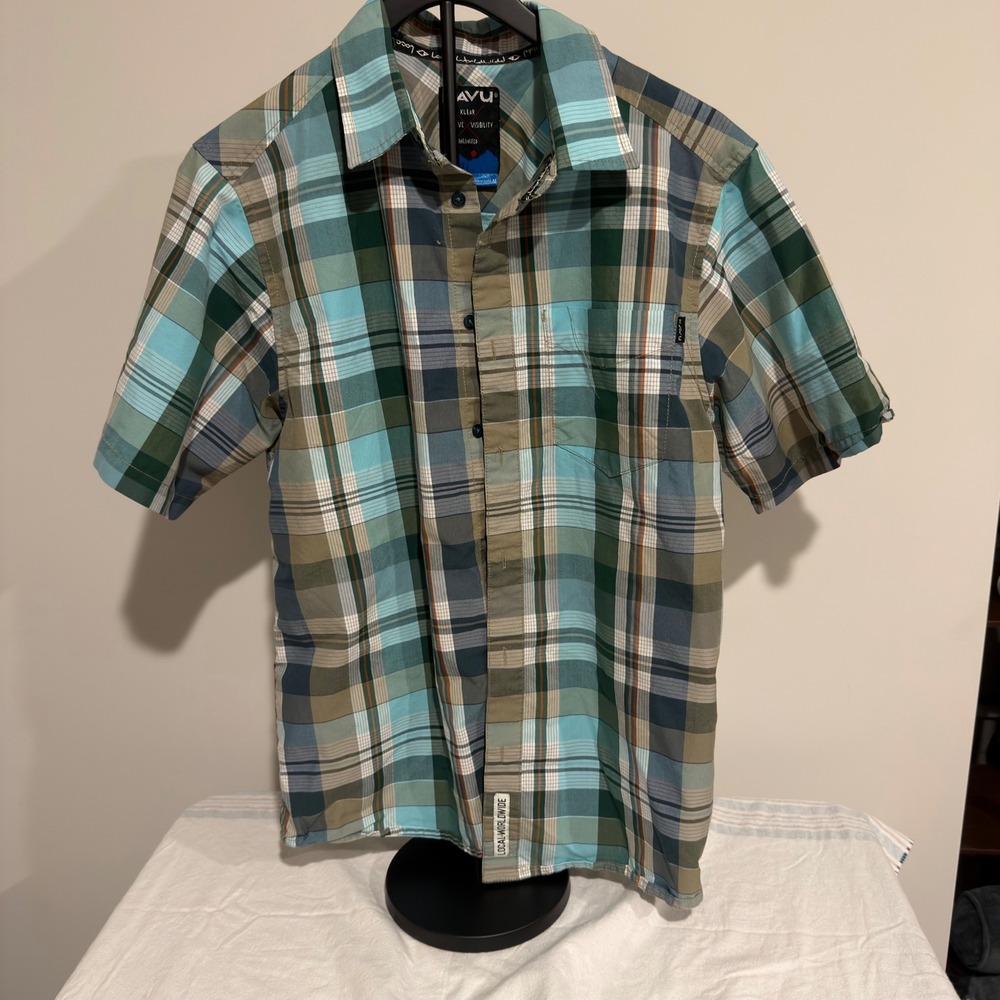 KAVU Klear Above Short Sleeve Plaid Button Down Shirt Mens Medium Teal Green